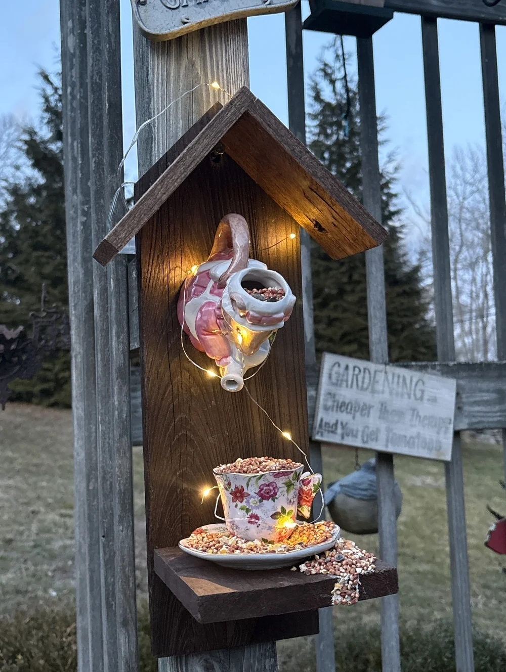 Rustic Wooden Handmade Bird Feeder Teapot Tea For All